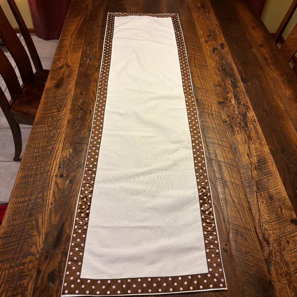 HANDMADE Table/Dresser Runner - Cream with Brown/Pink Polka Dots